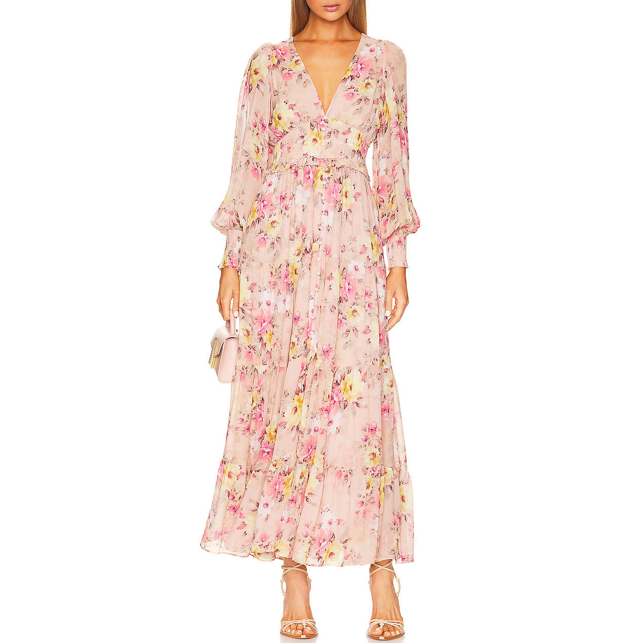 CUSTOMIZED PRINTED CHIFFON LONG SLEEVE PINK FLORAL MAXI DRESSES FOR WOMEN